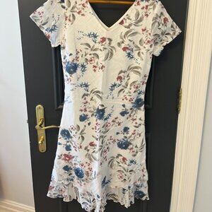 Floral white, cottage core, blue, pink spring dress. 80% cotton. size small.